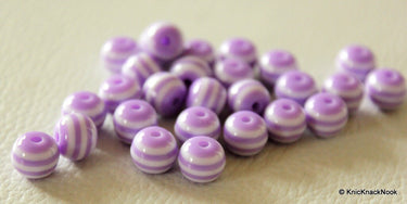 8mm Purple And White Striped Round Resin Spacer Beads x 20